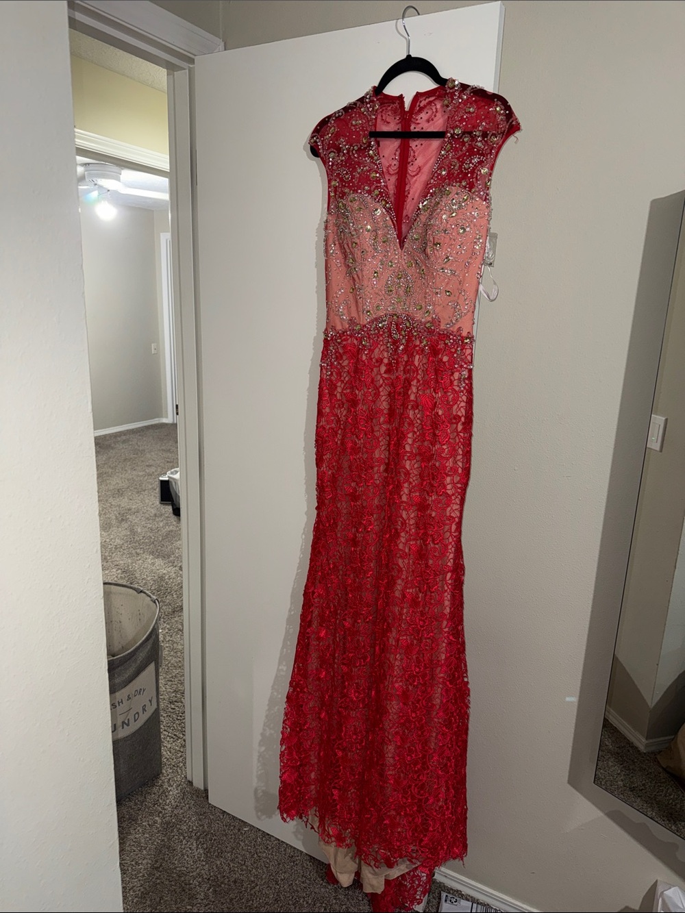 Mac Duggal Red and Pink Beaded Lace Prom Dress